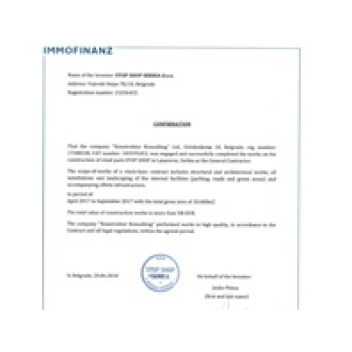 Potvrda poslovnog partnera Immofinanz, StopShop Lazarevac 